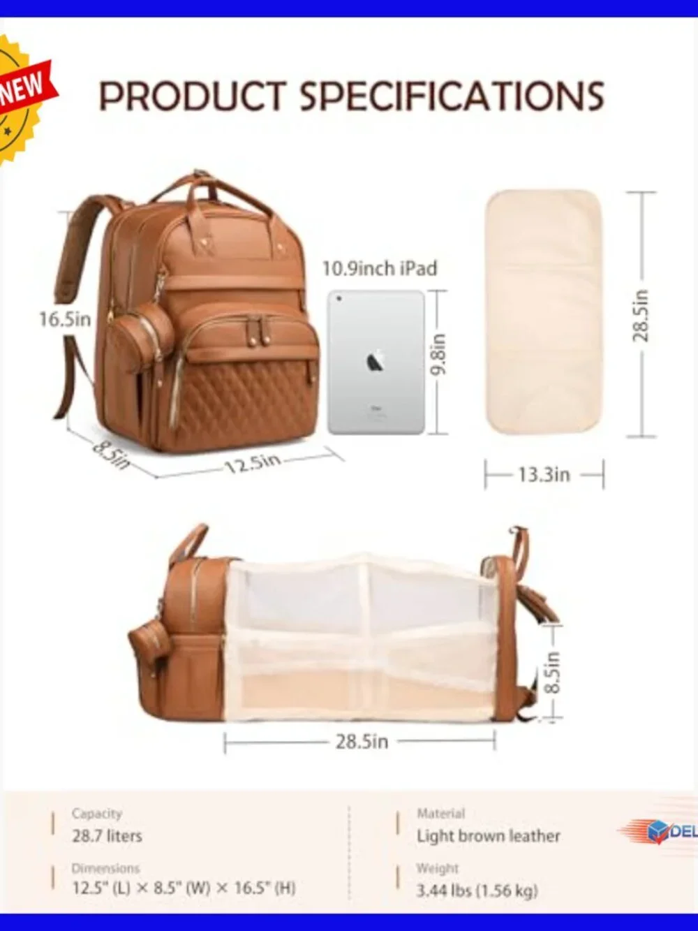 Large Diaper Backpack with Changing Station, Water-Resistant Vegan Leather,